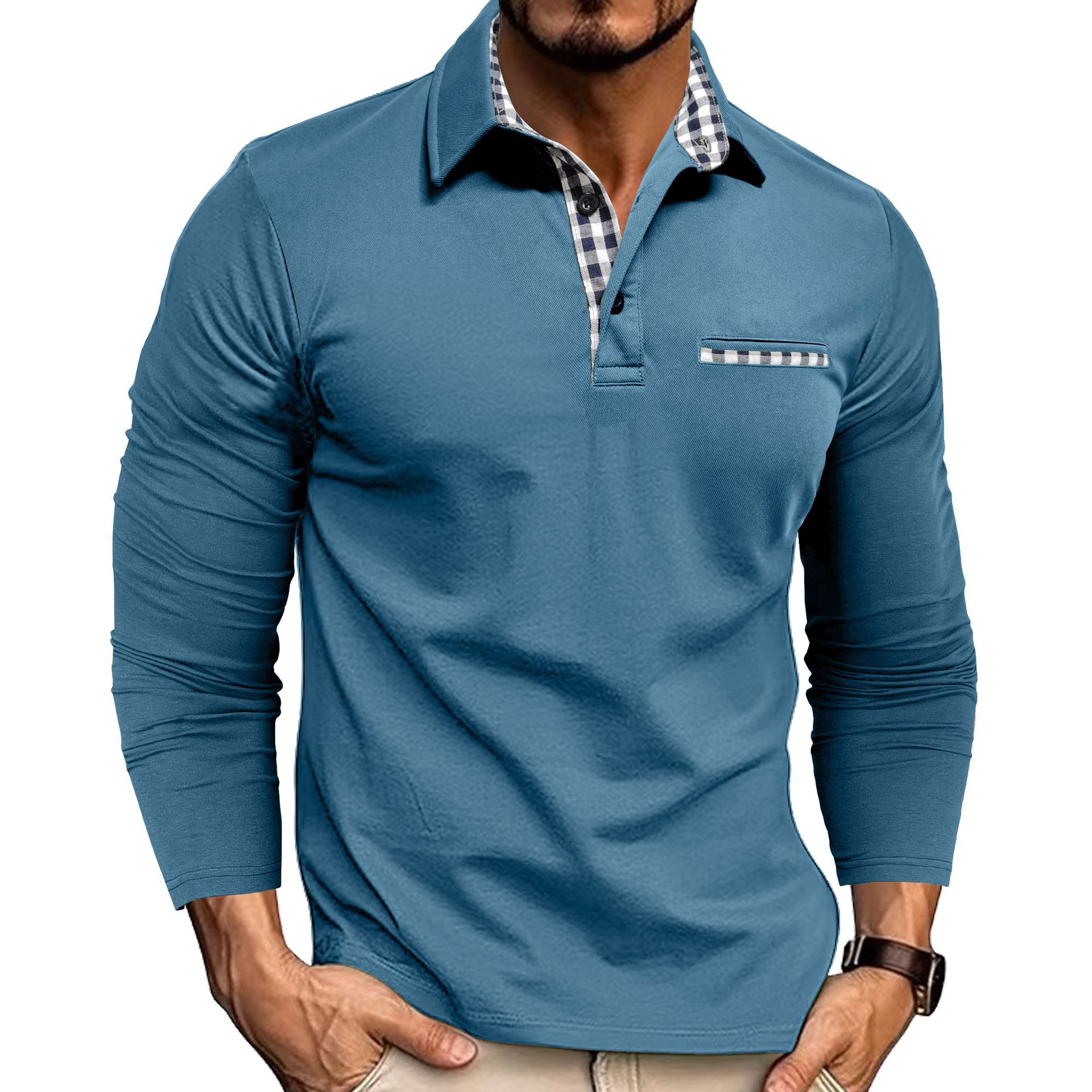 Casual Plaid Splicing Lapel Polo Shirt Fashion Solid Color Long Sleeve Top Men's Clothing