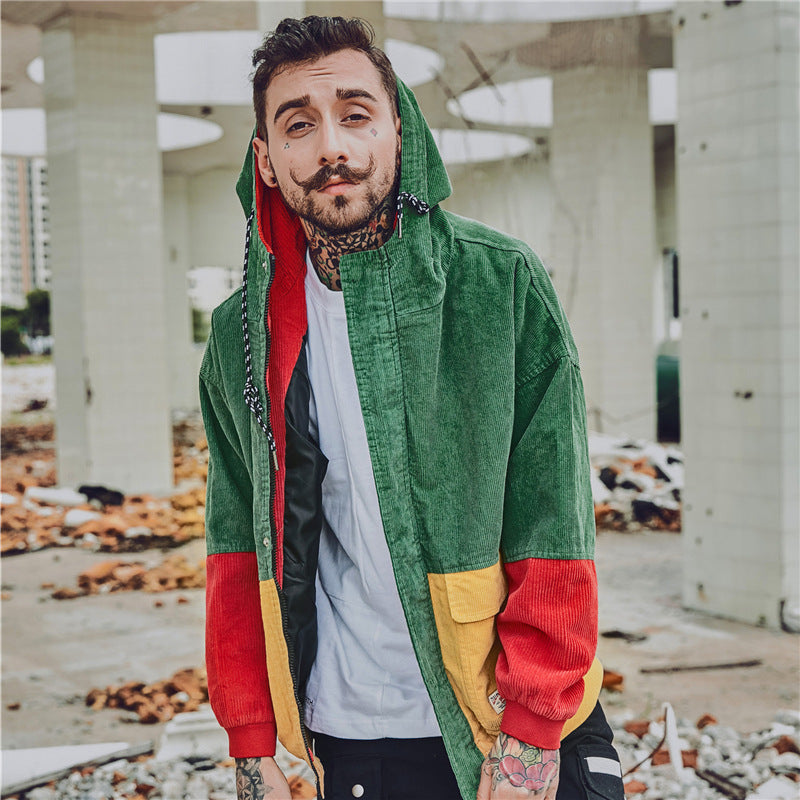 Corduroy Hip-Hop Patchwork Hooded Jacket for Couples