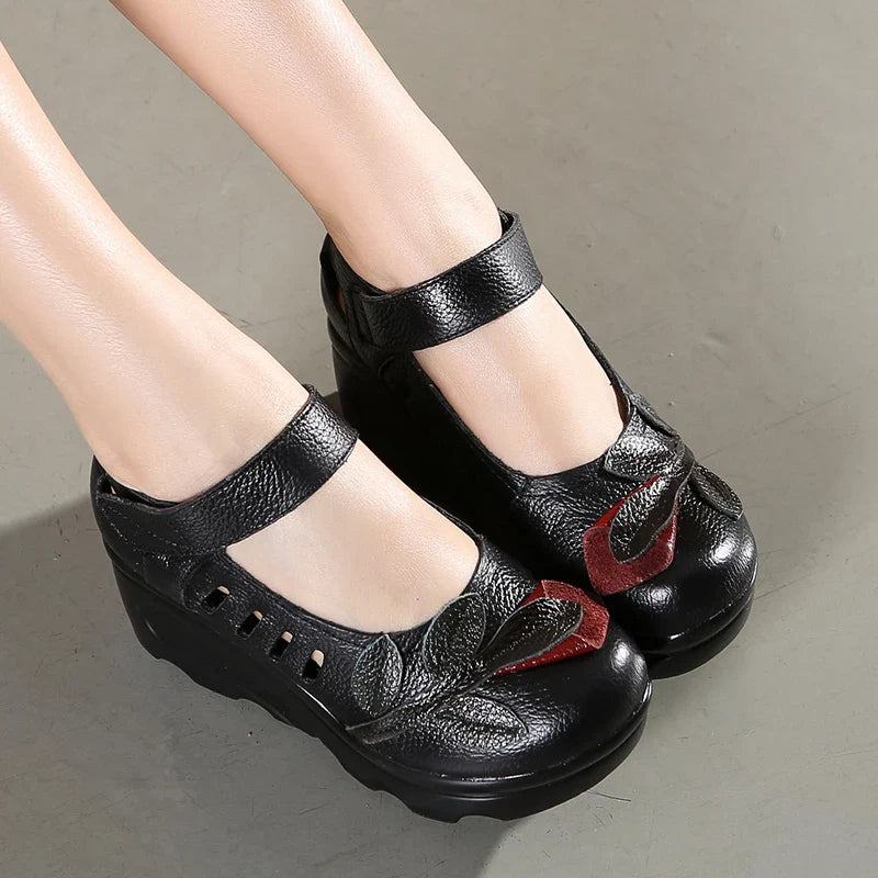 Handmade 2026 Spring Autumn Ethnic Comfortable Women Wedges Genuine Leather Women's Shoes round toe Platform high heels pumps