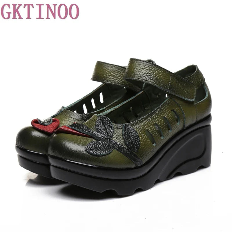 Handmade 2026 Spring Autumn Ethnic Comfortable Women Wedges Genuine Leather Women's Shoes round toe Platform high heels pumps
