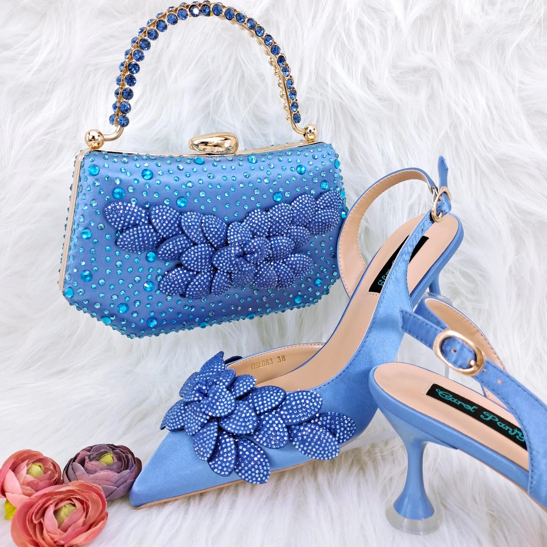 New Nigerian Best Selling Handmade Garland Gag and Shoes Fashionable Elegant Pointed Toe Women's Pumps Crystal Handle Clutch