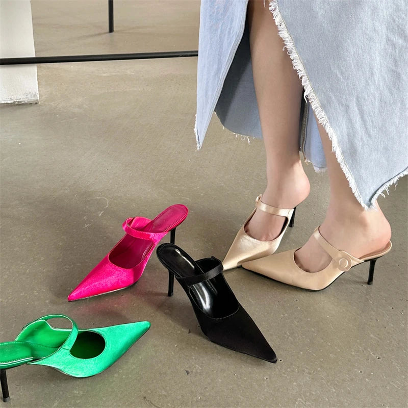 Eilyken Satin Button Pointed Toe Mules Pumps Women Slipper Fashion Shallow Thin High Heels Ladies Shoes