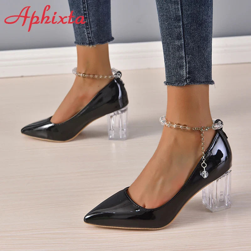 Aphixta 2025 New Luxury Transparent Bead Chain 7cm Transparent Chunky Heels Pumps Women Shoes String Bead Pointed Toe Pumps