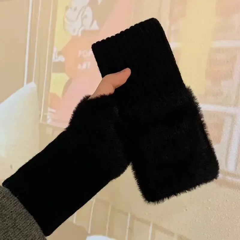 Fashionable Half Finger Gloves Suitable for Women's Soft and Warm Winter Luxurious Solid Color Plush Knitted Fingerless Gloves