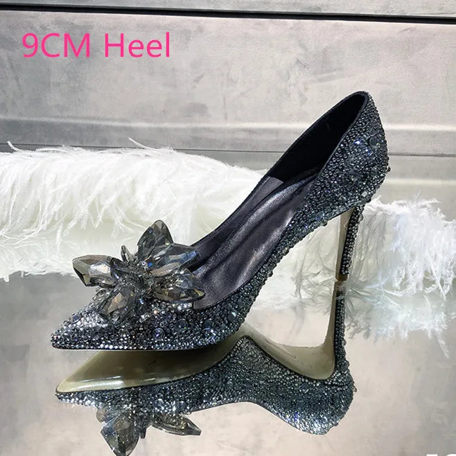 Newest Silver High Heels Wedding Women Shoes Diamond Pumps Crystal Shoes Rhinestone Pointed Toe Glitter Party