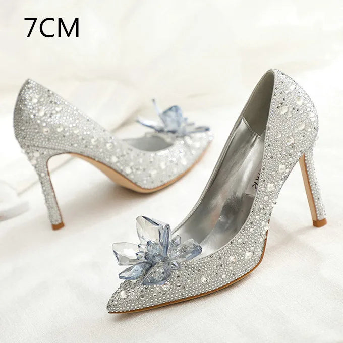 Newest Silver High Heels Wedding Women Shoes Diamond Pumps Crystal Shoes Rhinestone Pointed Toe Glitter Party