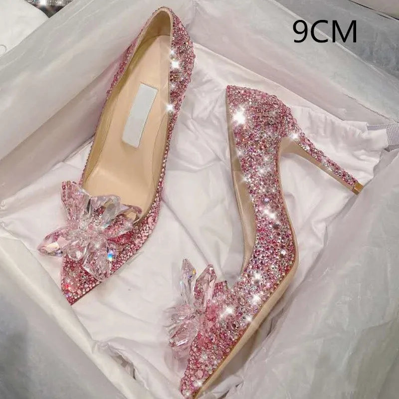 Newest Silver High Heels Wedding Women Shoes Diamond Pumps Crystal Shoes Rhinestone Pointed Toe Glitter Party