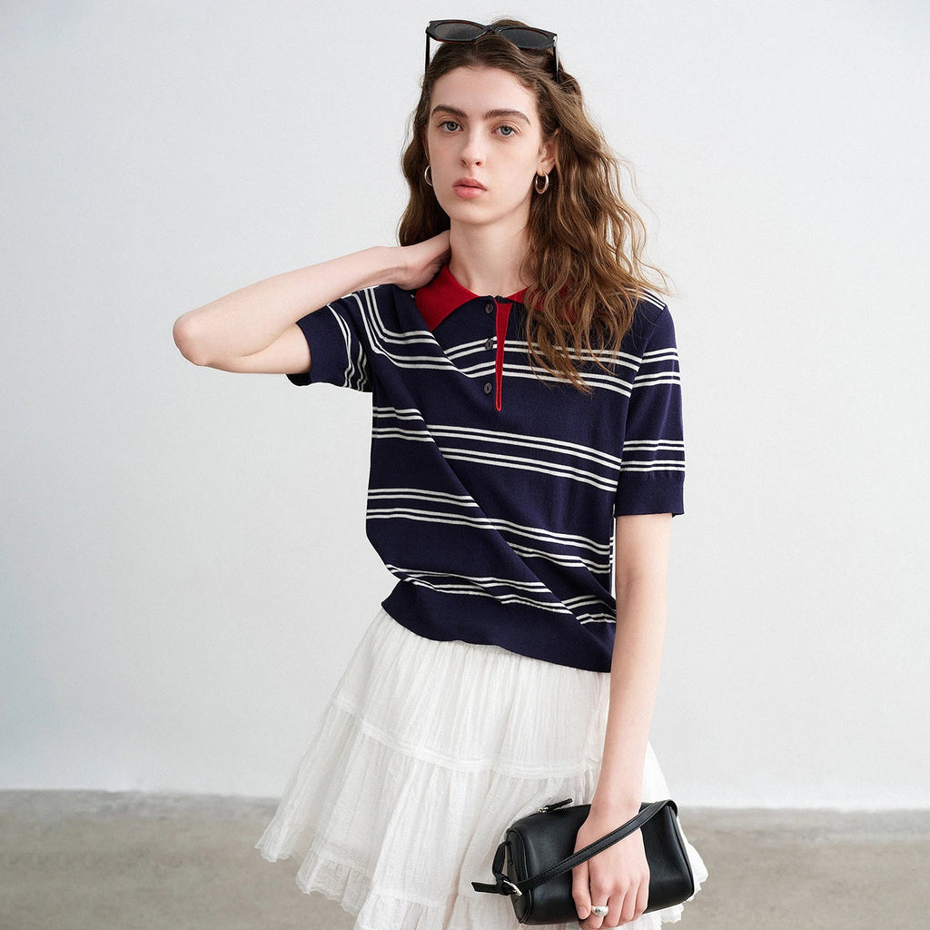 TOYOUTH Women Intellectual Striped Polo Shirt 2026 Spring New Lyocell Linen Breathable Comfort Knit Top