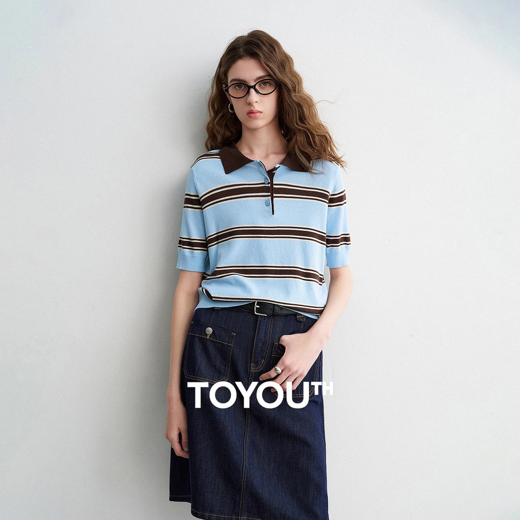 TOYOUTH Women Intellectual Striped Polo Shirt 2026 Spring New Lyocell Linen Breathable Comfort Knit Top