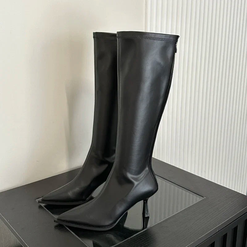 Soft Leather Pointed Toe Knee High Boots High Heels Zipper Women Pumps Ladies Long Stretch Modern Boots