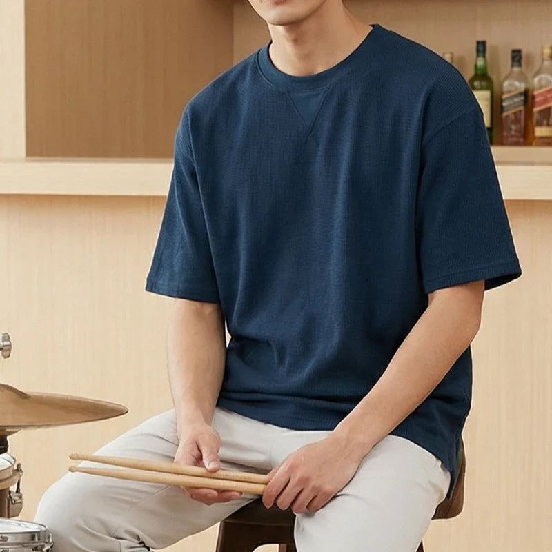 2026 New Men's Summer T Shirt 220g Waffle Round Neck T-shirt Solid Color Loose Simple Short Sleeve Top T Shirts