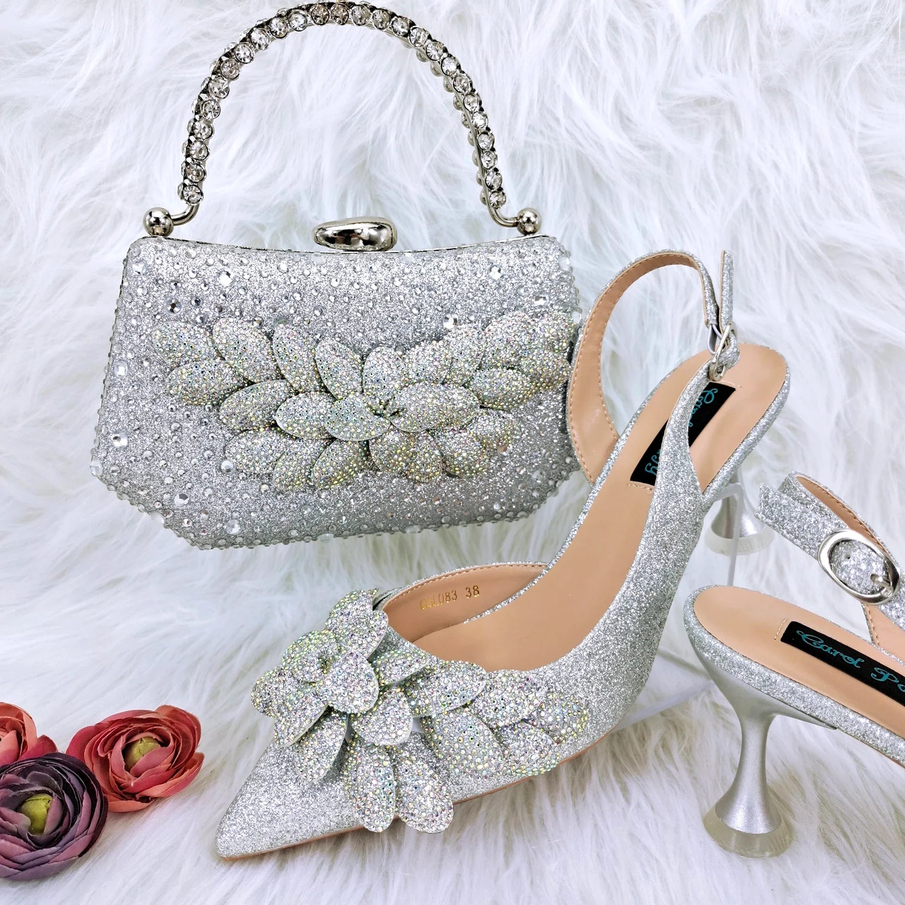 New Nigerian Best Selling Handmade Garland Gag and Shoes Fashionable Elegant Pointed Toe Women's Pumps Crystal Handle Clutch