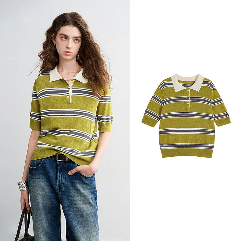 TOYOUTH Women Intellectual Striped Polo Shirt 2026 Spring New Lyocell Linen Breathable Comfort Knit Top