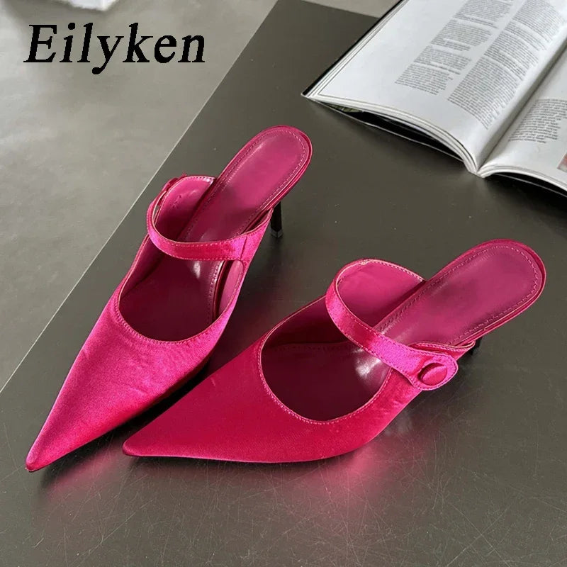 Eilyken Satin Button Pointed Toe Mules Pumps Women Slipper Fashion Shallow Thin High Heels Ladies Shoes