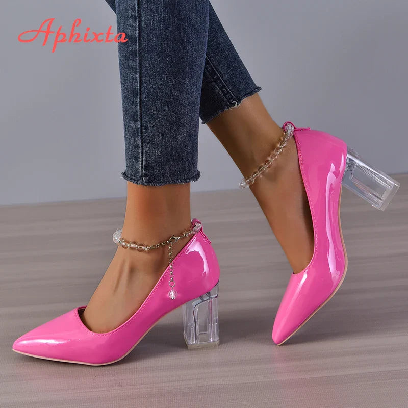 Aphixta 2025 New Luxury Transparent Bead Chain 7cm Transparent Chunky Heels Pumps Women Shoes String Bead Pointed Toe Pumps