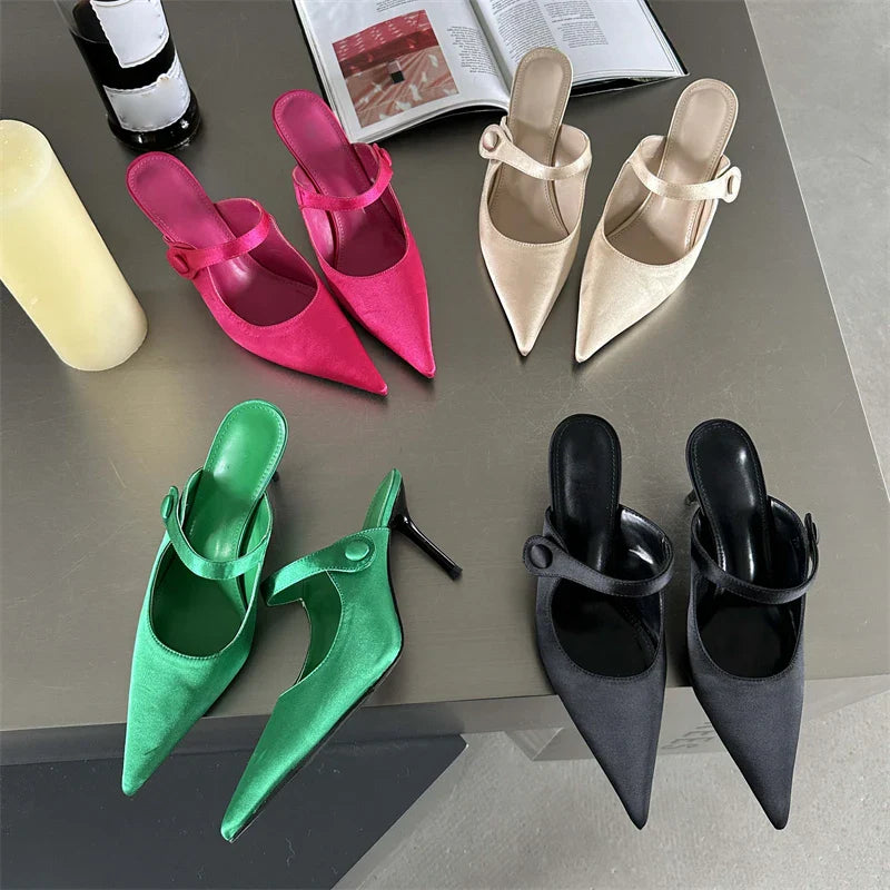 Eilyken Satin Button Pointed Toe Mules Pumps Women Slipper Fashion Shallow Thin High Heels Ladies Shoes