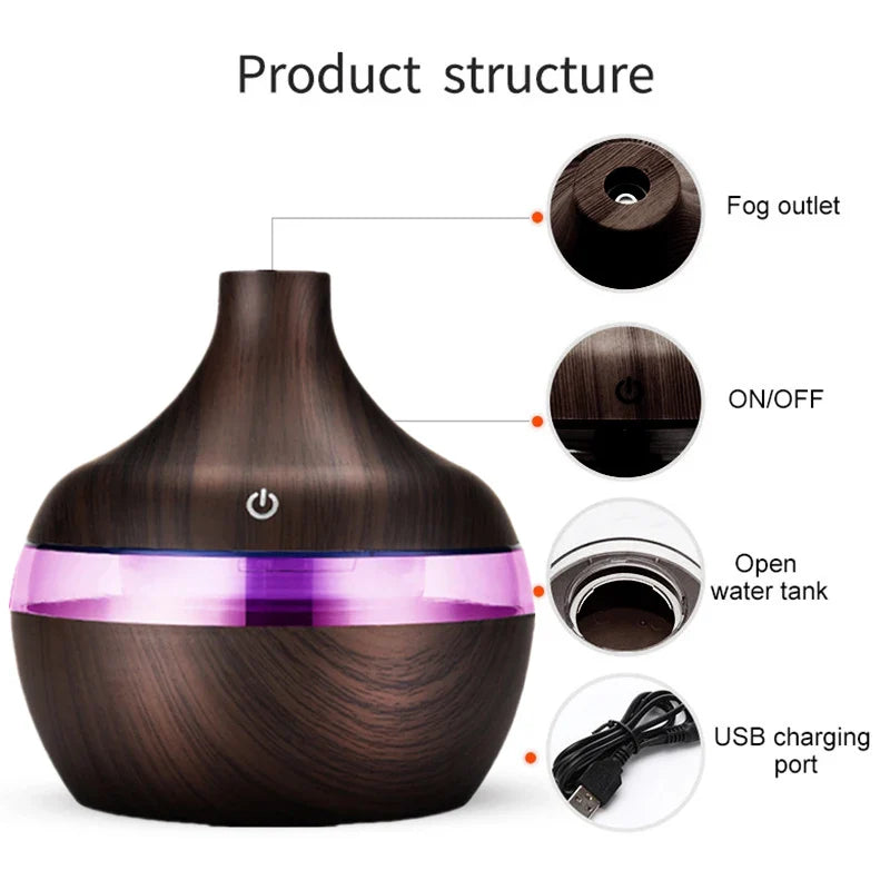 Humidifier Electric Aroma Air Diffuser Wood Ultrasonic Air Humidifier Essential Oil Aromatherapy Cool Mist Maker For Home 300ml