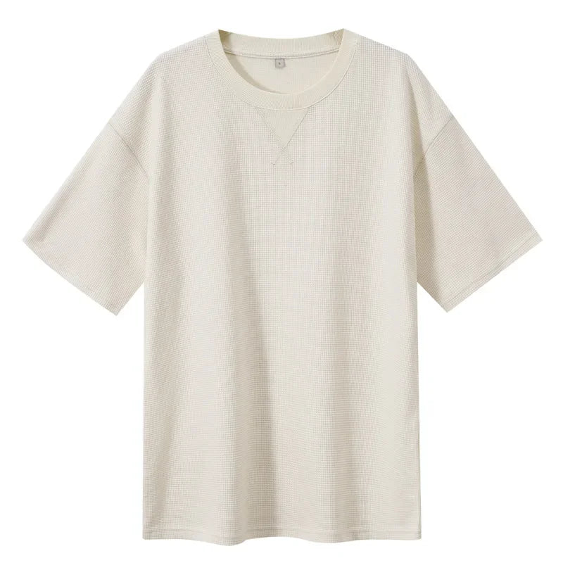 2026 New Men's Summer T Shirt 220g Waffle Round Neck T-shirt Solid Color Loose Simple Short Sleeve Top T Shirts