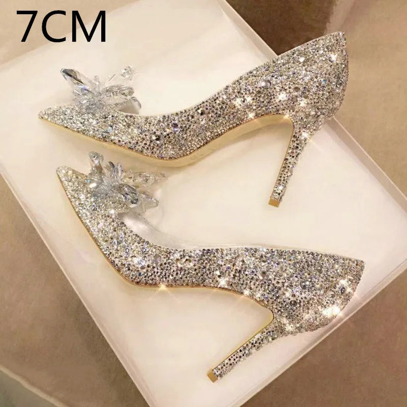 Newest Silver High Heels Wedding Women Shoes Diamond Pumps Crystal Shoes Rhinestone Pointed Toe Glitter Party