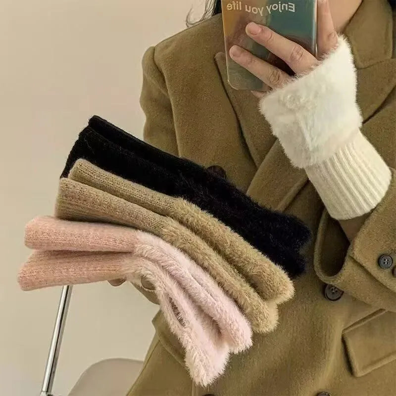 Women's Warm Plush Half-Finger Gloves for Autumn Winter Multi-Functional Cute Office Wear Cold-Resistant Fingerless Mittens
