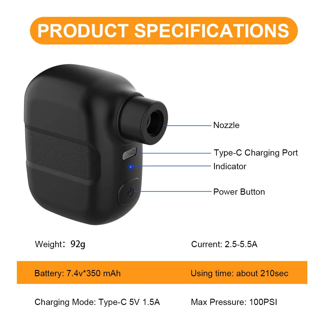 Mini Portable Bicycle Pump Rechargeable Electric Air Inflator 100PSI 5V Type-C Bike Accessories for Bike Schrader Presta Tires.