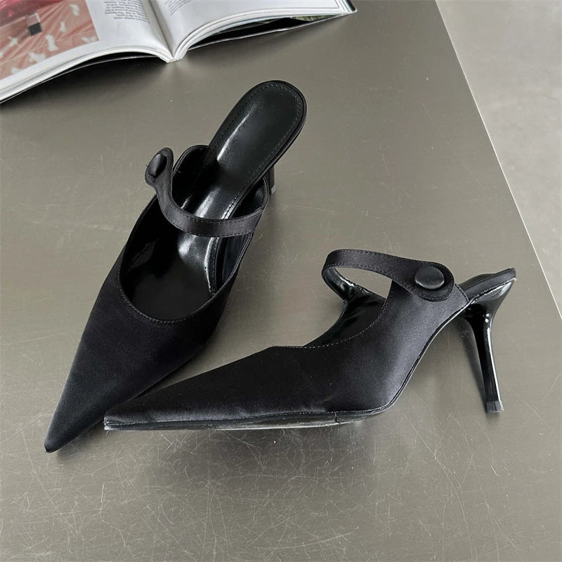 Eilyken Satin Button Pointed Toe Mules Pumps Women Slipper Fashion Shallow Thin High Heels Ladies Shoes