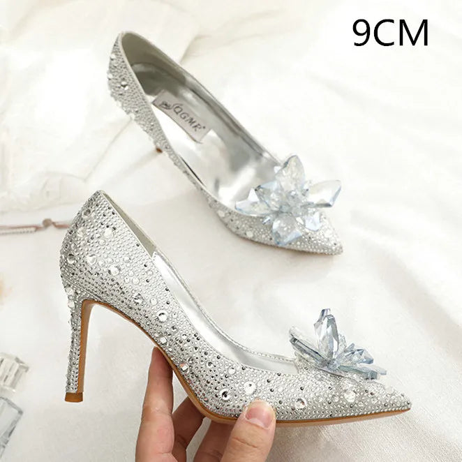 Newest Silver High Heels Wedding Women Shoes Diamond Pumps Crystal Shoes Rhinestone Pointed Toe Glitter Party